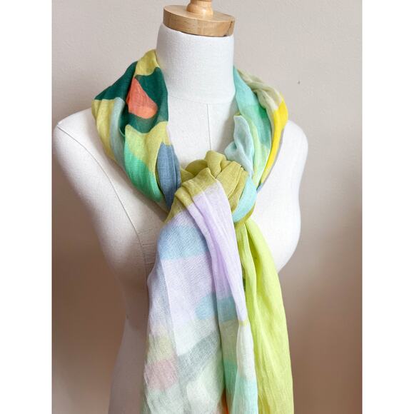 Women's Boho Lightweight Colorful Cotton Scarf Green Orange Abstract Artsy Funky - Picture 4 of 5
